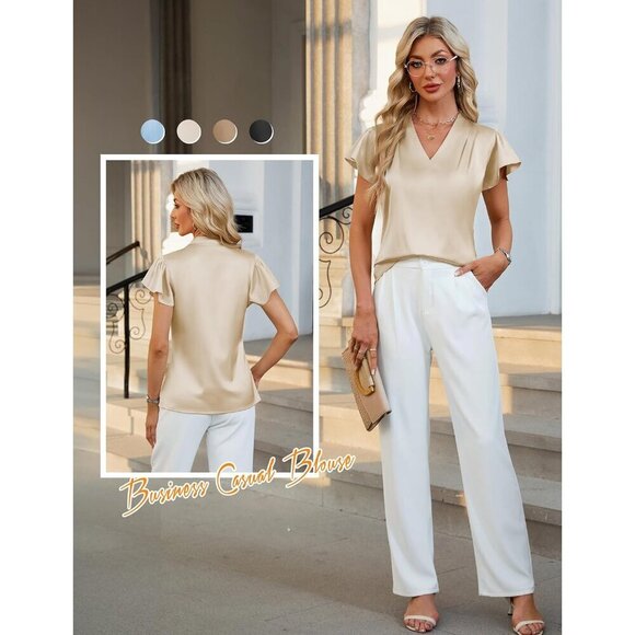 Women's Silk Blouse Ruffle Sleeve V-Neck Pleated Casual Work Top - Picture 4 of 6